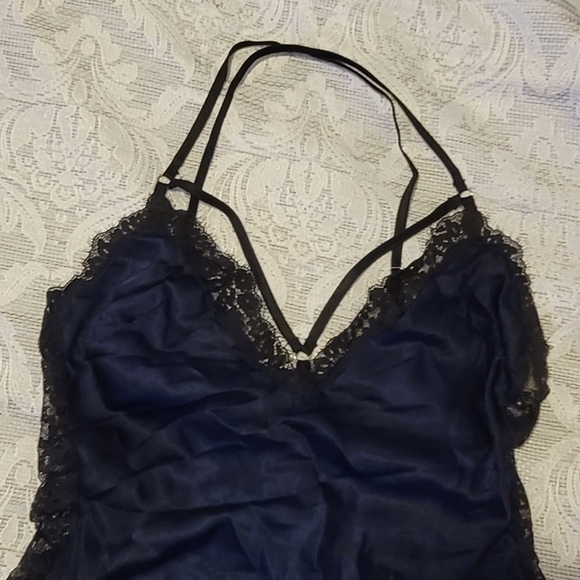 Satin Lace Slip-Navy w/Blck Lace! Halter w/straps-Side lace is see through! - Picture 2 of 5